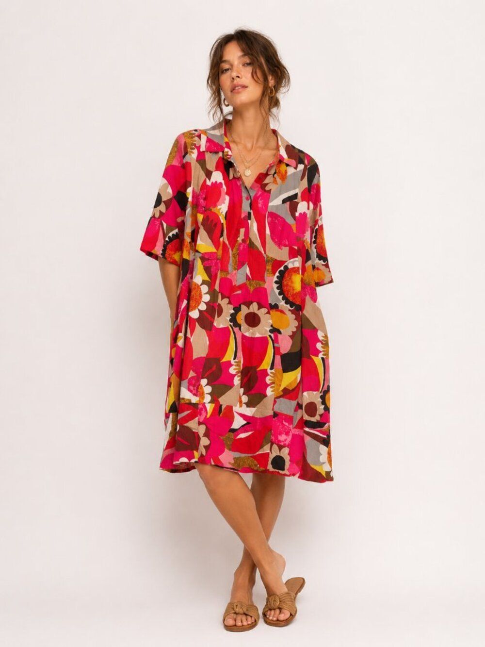 Dalin 1X Floral Shirt Dress Pink Orange Retro Mod Abstract Print Boho Plus Size